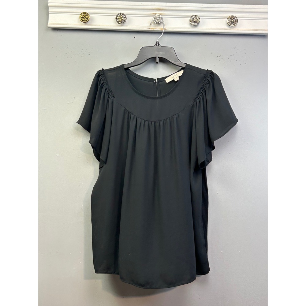 LOFT Blouse Womens Large Black Flutter Sleeve Round Neck Mixed Media Top Basic
